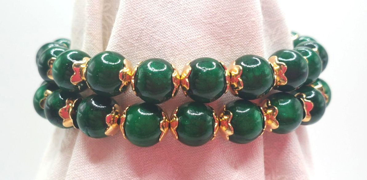 7″ Genuine Green Jade 2 Row Bracelet w/Gold-Plated Filigree Insert Clasp