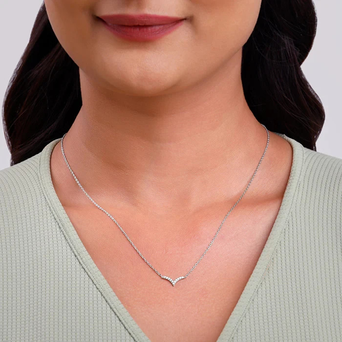 Fine 925 Sterling Silver V Shape CZ Pendant Necklace 17-19″ Adjustable for Women