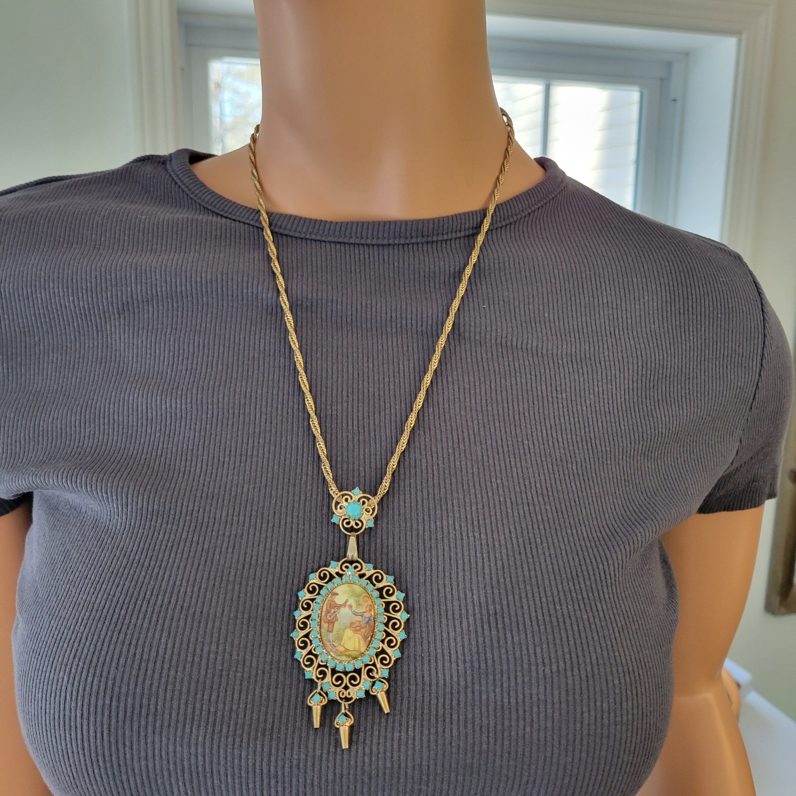 Juliana Delizza Elster Necklace Gold Tone Victorian Revival Turquoise Rhinestone
