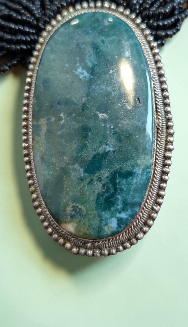 Vintage Moss Agate Pendant Necklace, Multi Strand Black Bead Bohemian Necklace