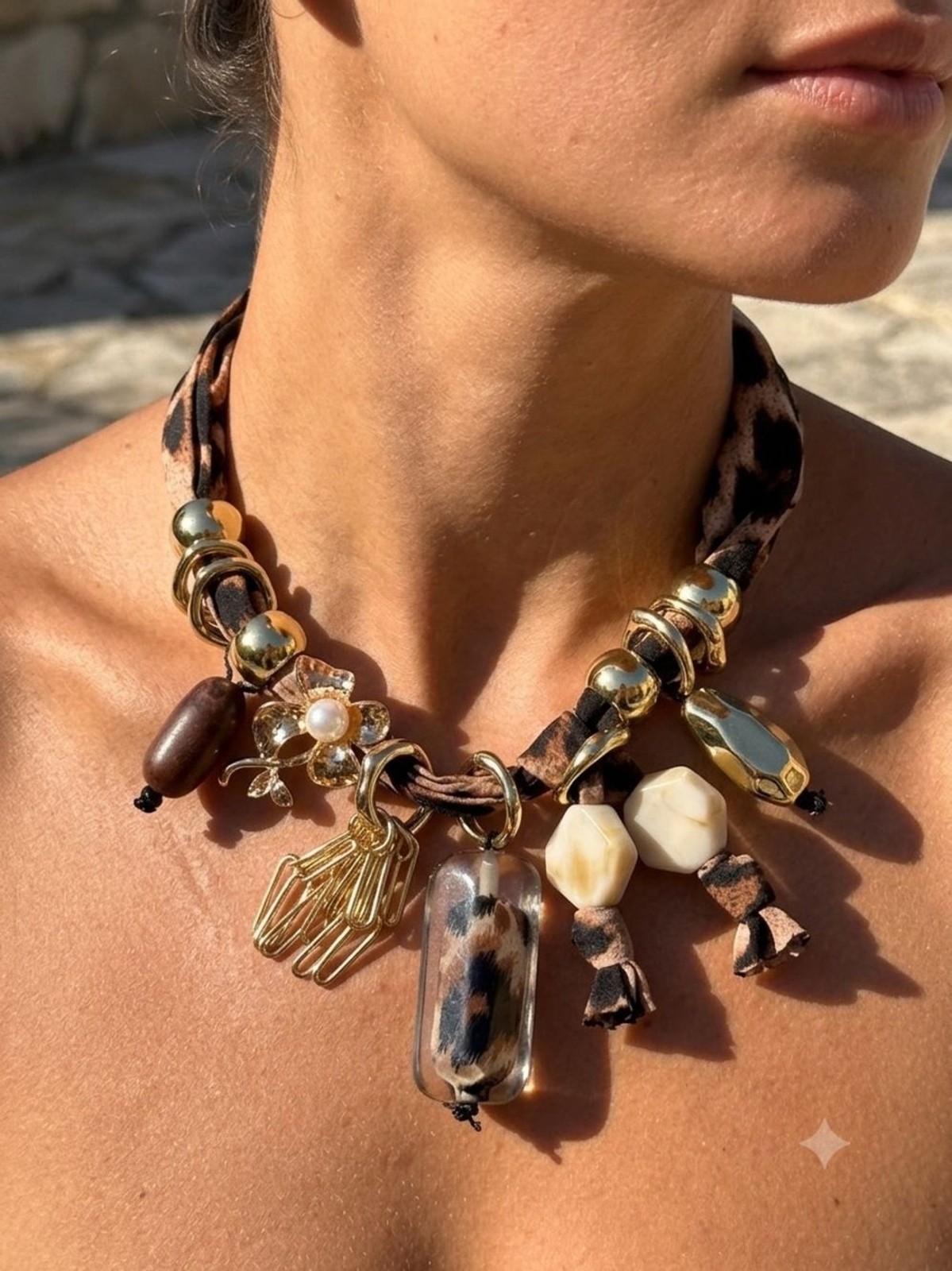Artisan Leopard Print Statement Necklace – Mixed-Media Charms