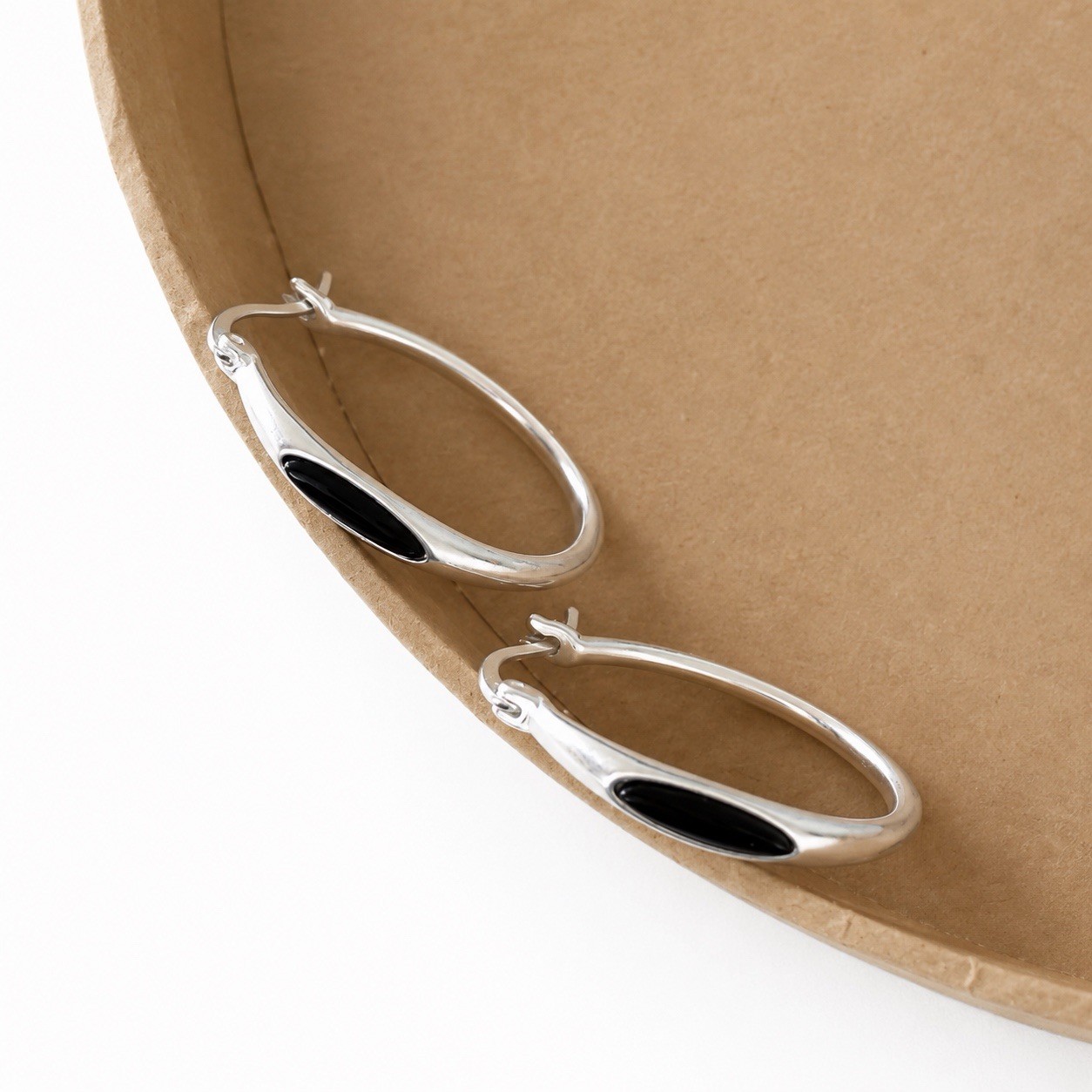 925 Silver Vintage Black Onyx Oval Hoop Earrings Minimalist Hoops for women 478