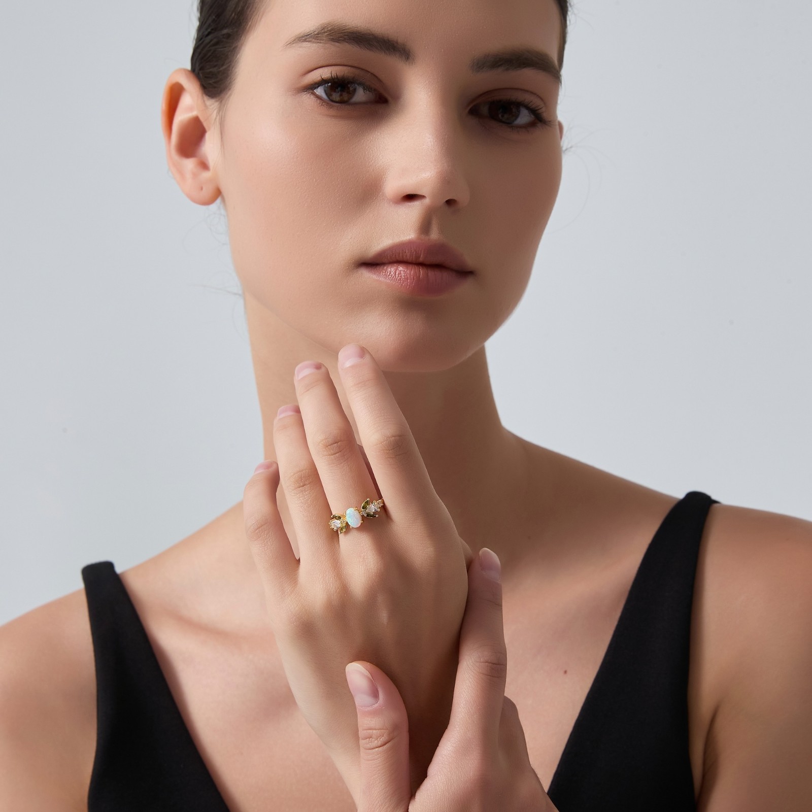 Oval Opal Olive Leaf Stacking Ring in 925 Sterling Silver