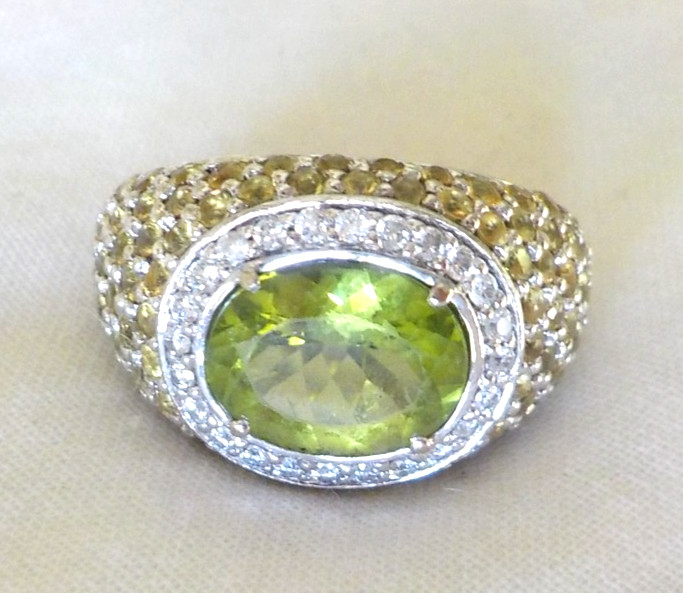 Heavy 18K White Gold Peridot Sapphire Diamond Ring – 12.6 gms, Sz 5.75, 4.90 ctw