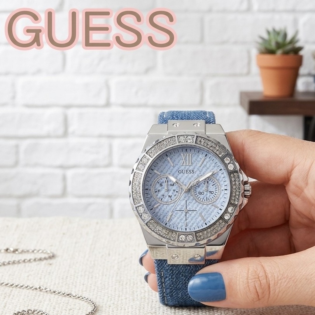GUESS wristwatch denim sparkling with stones Blue