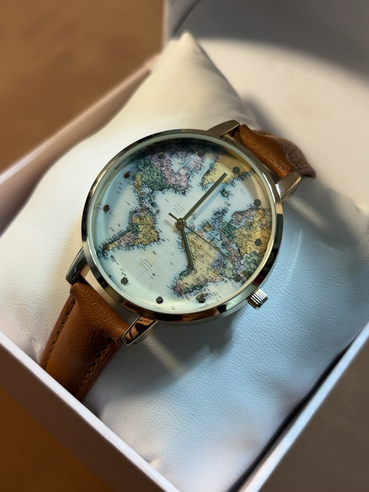 World Map Francescas Women’s Quartz Watch Gold Tone Ladies Leather Band,Box