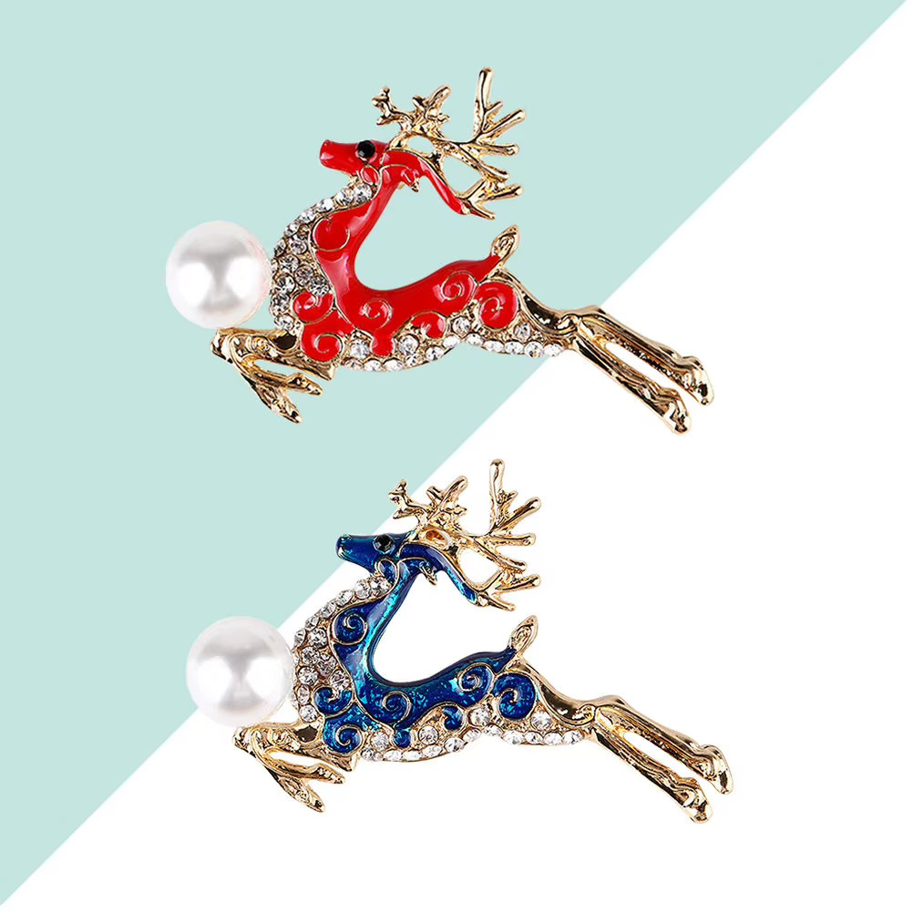 2Pcs Blue Red Plumeria Deer Brooch Pin Set Alloy Floral Animal Lapel Badge Gift