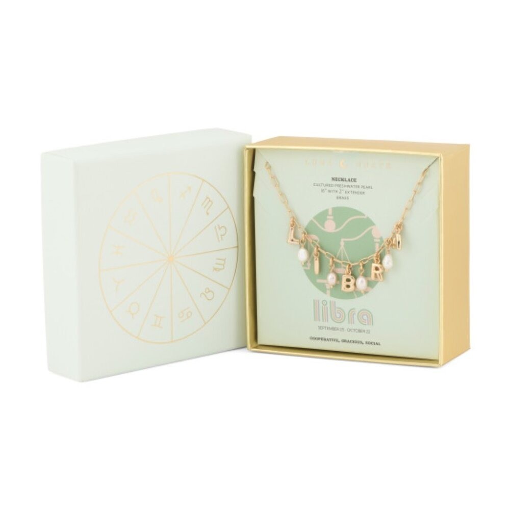 NWT LUNA NORTE Libra Gold Tone Pearl Astrological Lettering Necklace w/ Gift Box
