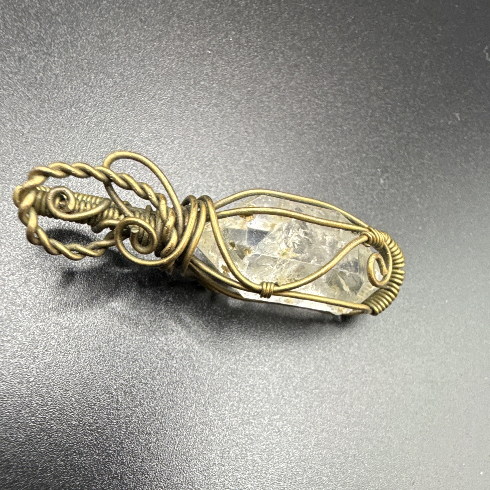 Herkimer Diamond Crystal Charm Pendant Gold Tone Copper.