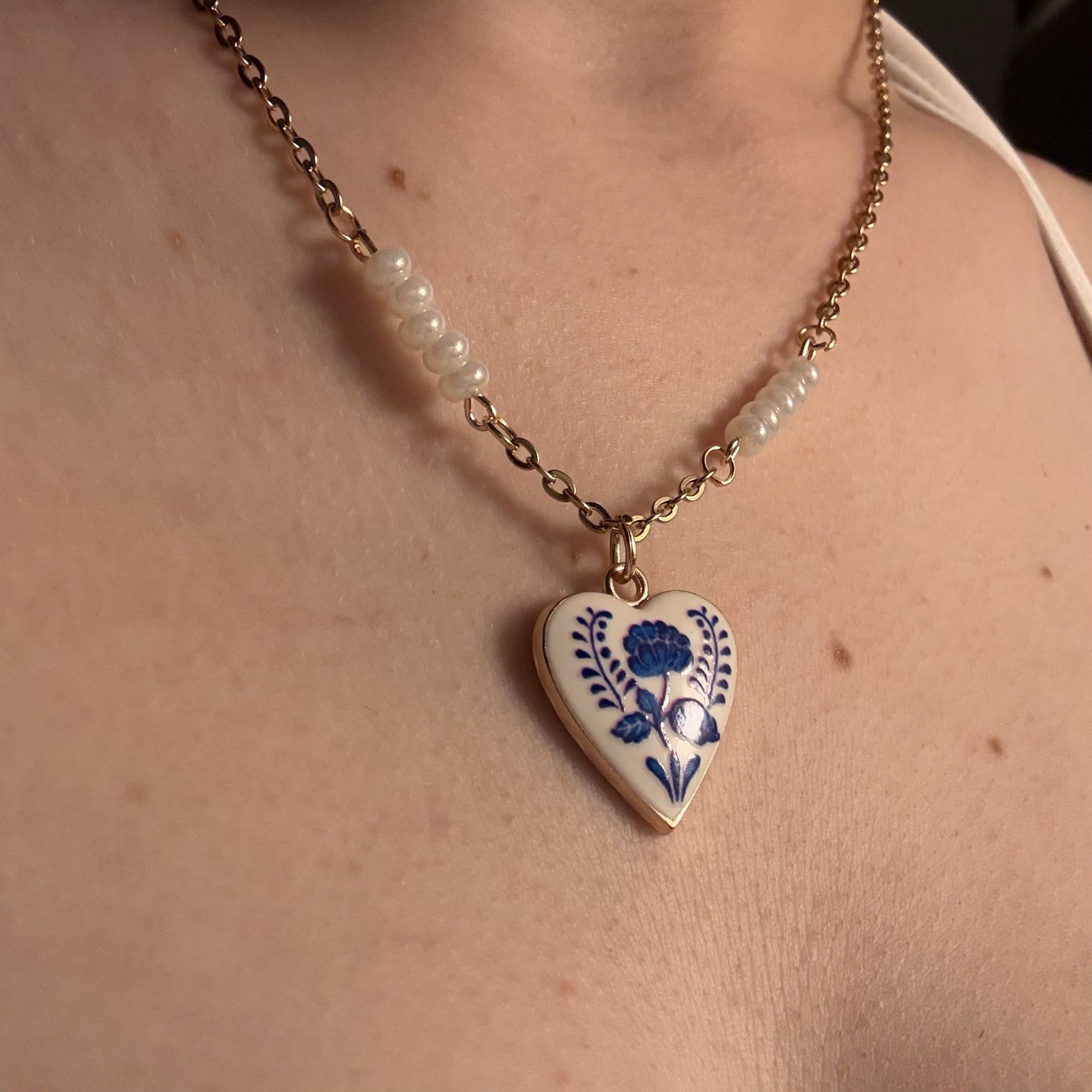 Stainless Steel Cable Chain Necklace, White Glass Beads, Blue Heart Charm, 16in