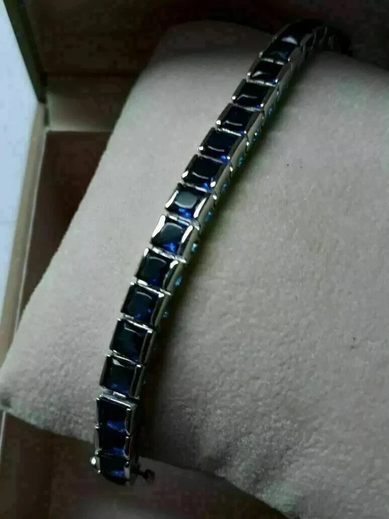14Ct Princess Created Blue Sapphire Men’s Tennis Bracelet 14K White Gold Plated