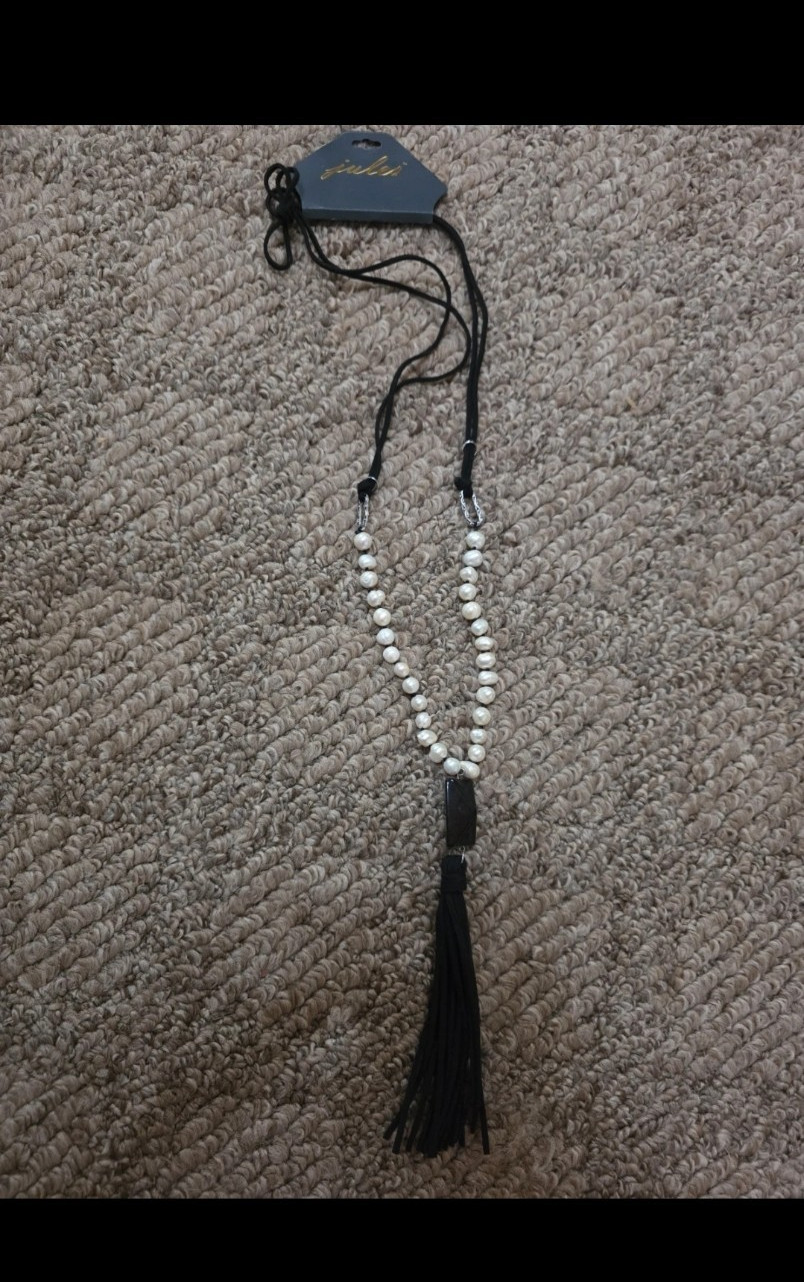 Imitation Pearl Beaded Tassel Pendant Necklace Black Cord White Round Pearls