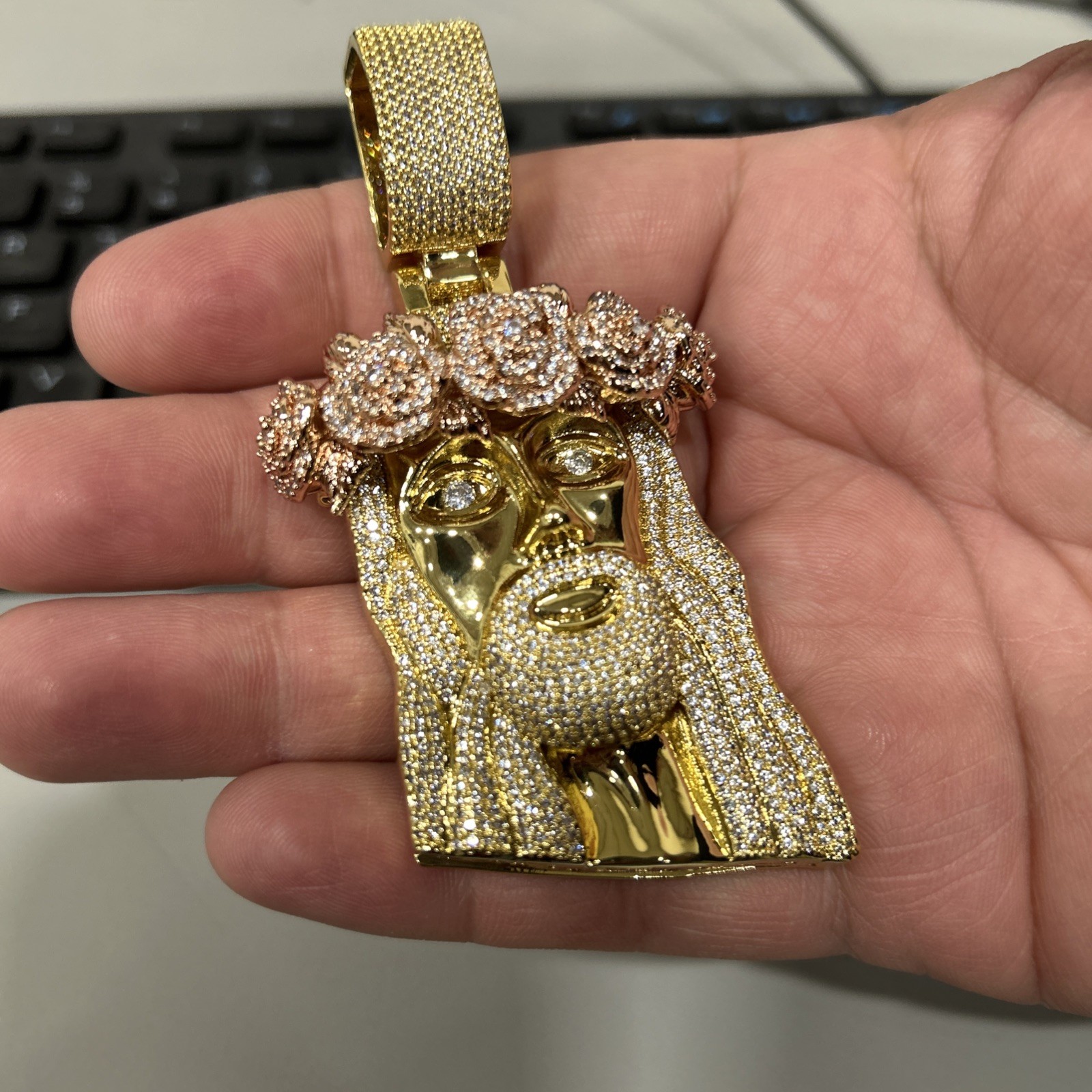 Real Moissanite 3Ct Round Cut Jesus Face Pendant 14k Yellow Gold Plated Silver