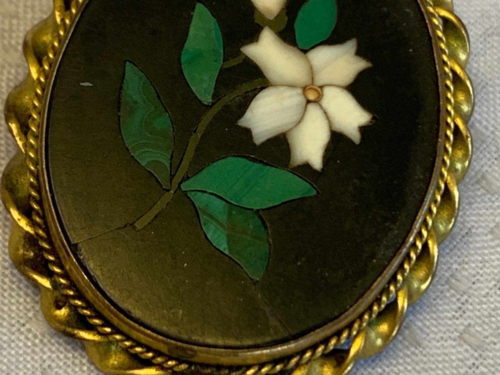 Antique Pietra Dura Brooch Costume Jewelry White Flower Floral Stone Inlay Pin