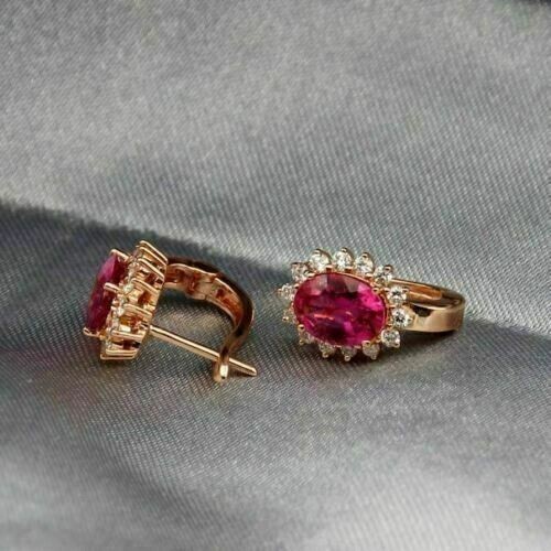 2Ct Oval Cut Simulated Pink Ruby Women’s Hoop Earring In 14K Yellow Gold Plated