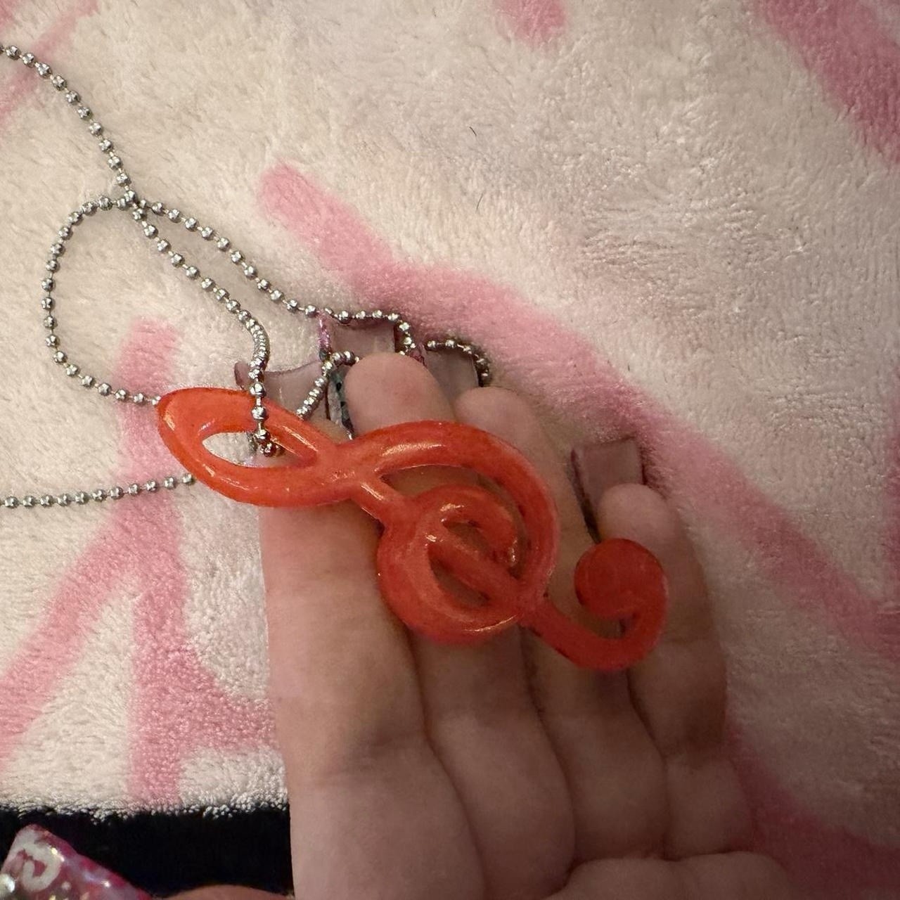 Handmade red treble clef charm necklace with black and white polkadots