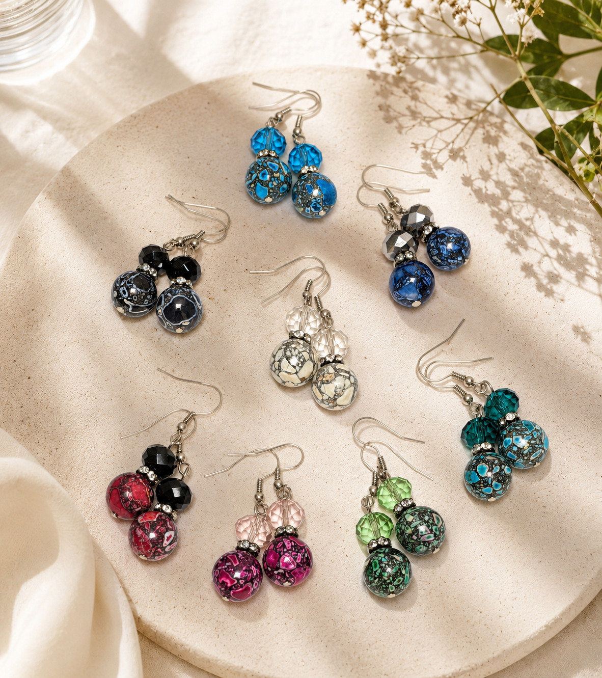Beaded Stone Earrings Dangle 6 pairs Multi Color Handmade Crystal Daily Wear