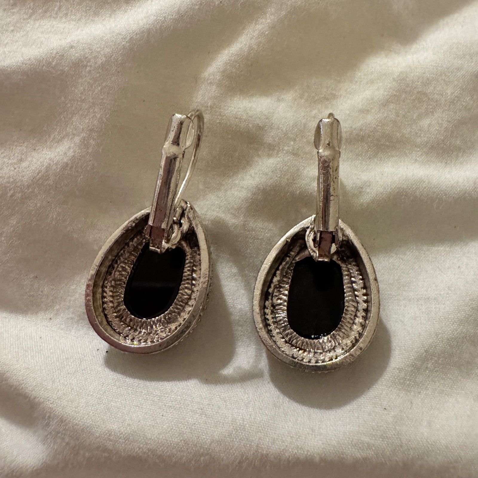 Abalone Shell Teardrop Earrings Silver Tone Greek Key Leverback Iridescent Pear