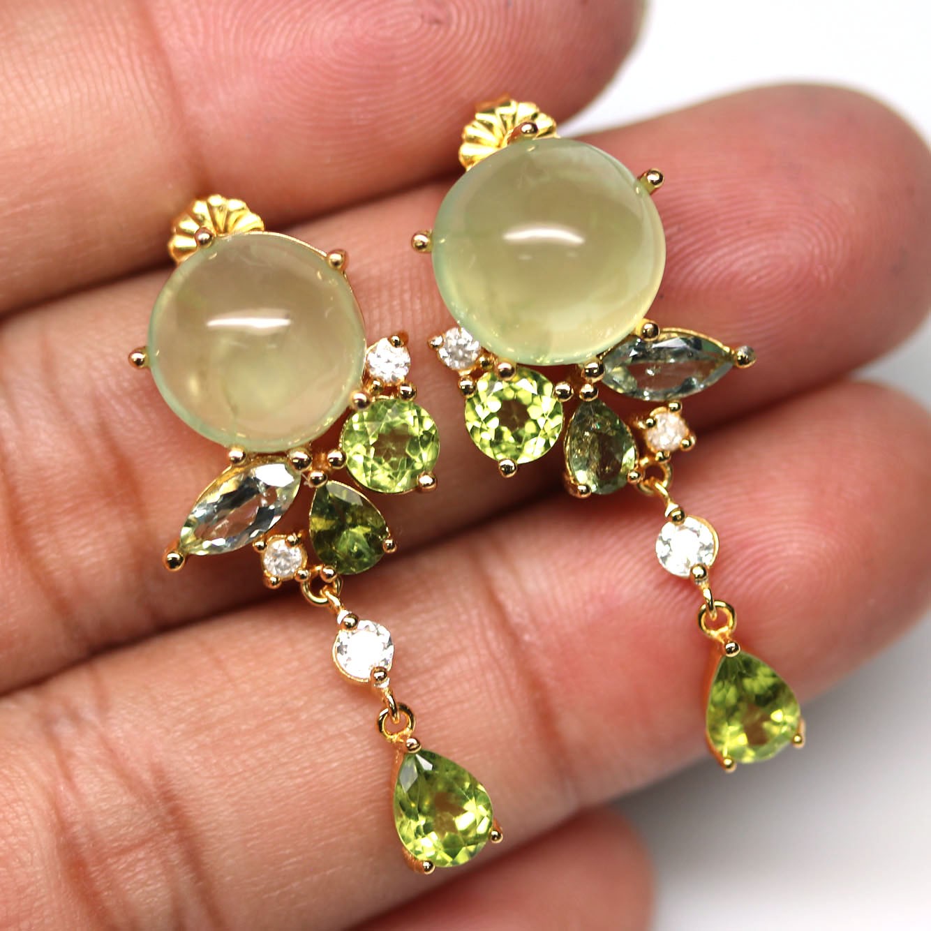 Handmade 925 Silver Green Prehnite Peridot Sapphire Zircon Jewelry Earrings