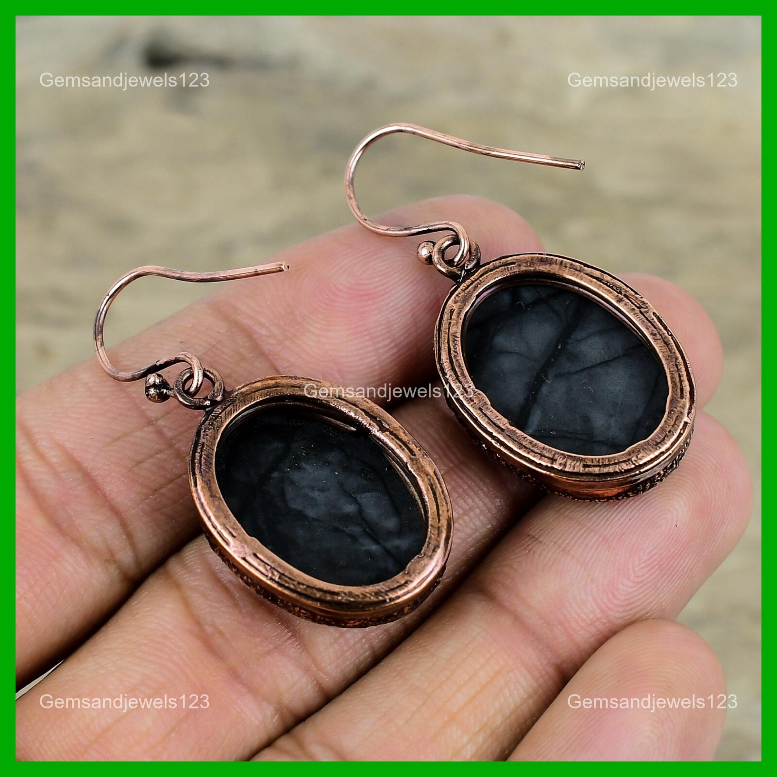 Copper Picasso Jasper Stone Dangling Anniversary Electroformed Earrings Jewelry