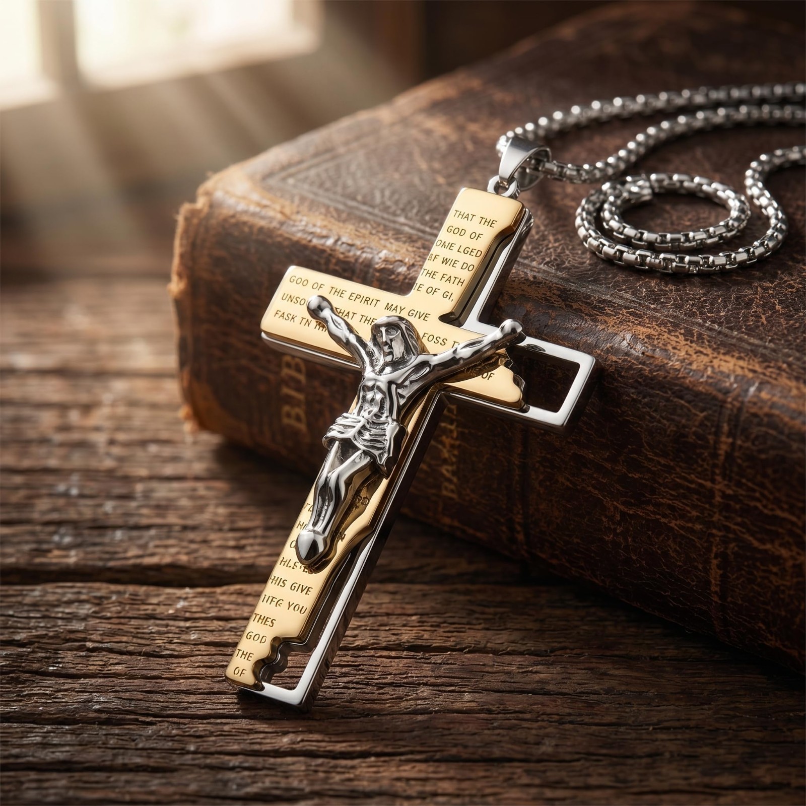 Men’s Stainless Steel Jesus Cross Necklace, Engraved Bible Verse Pendant, 24″ Ch