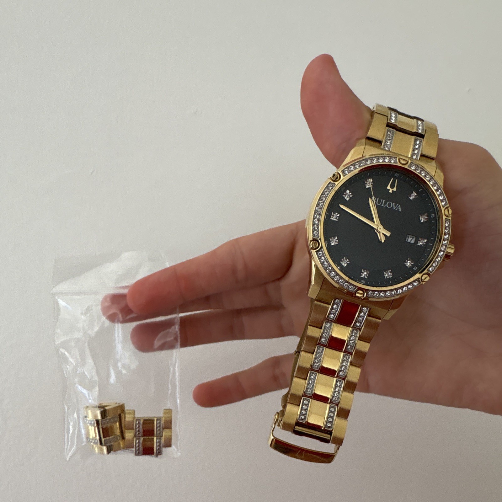 Bulova Men’s Gold Tone Quartz Watch Black Dial Diamond Bezel Date Bracelet