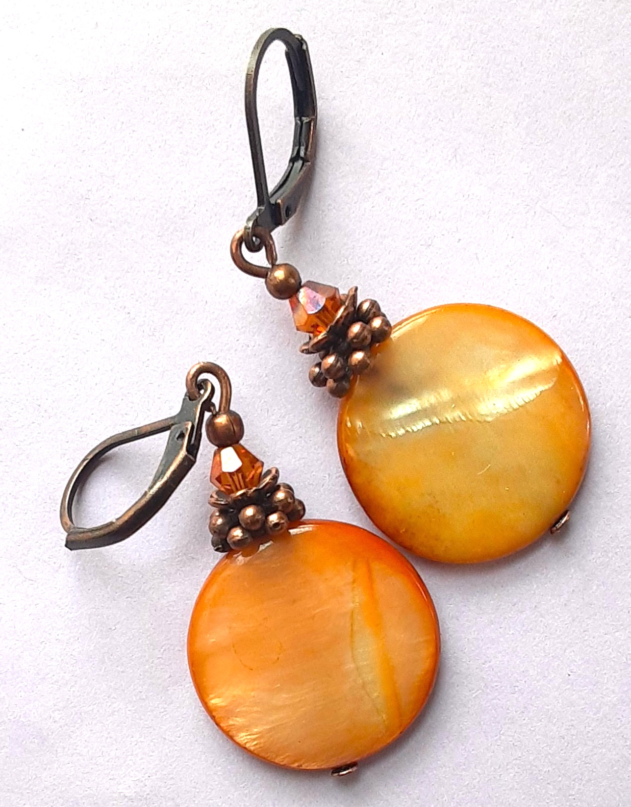 CARAMEL COLOR SHELL bicone crystal earring COPPER LEVERBACK artisan XX
