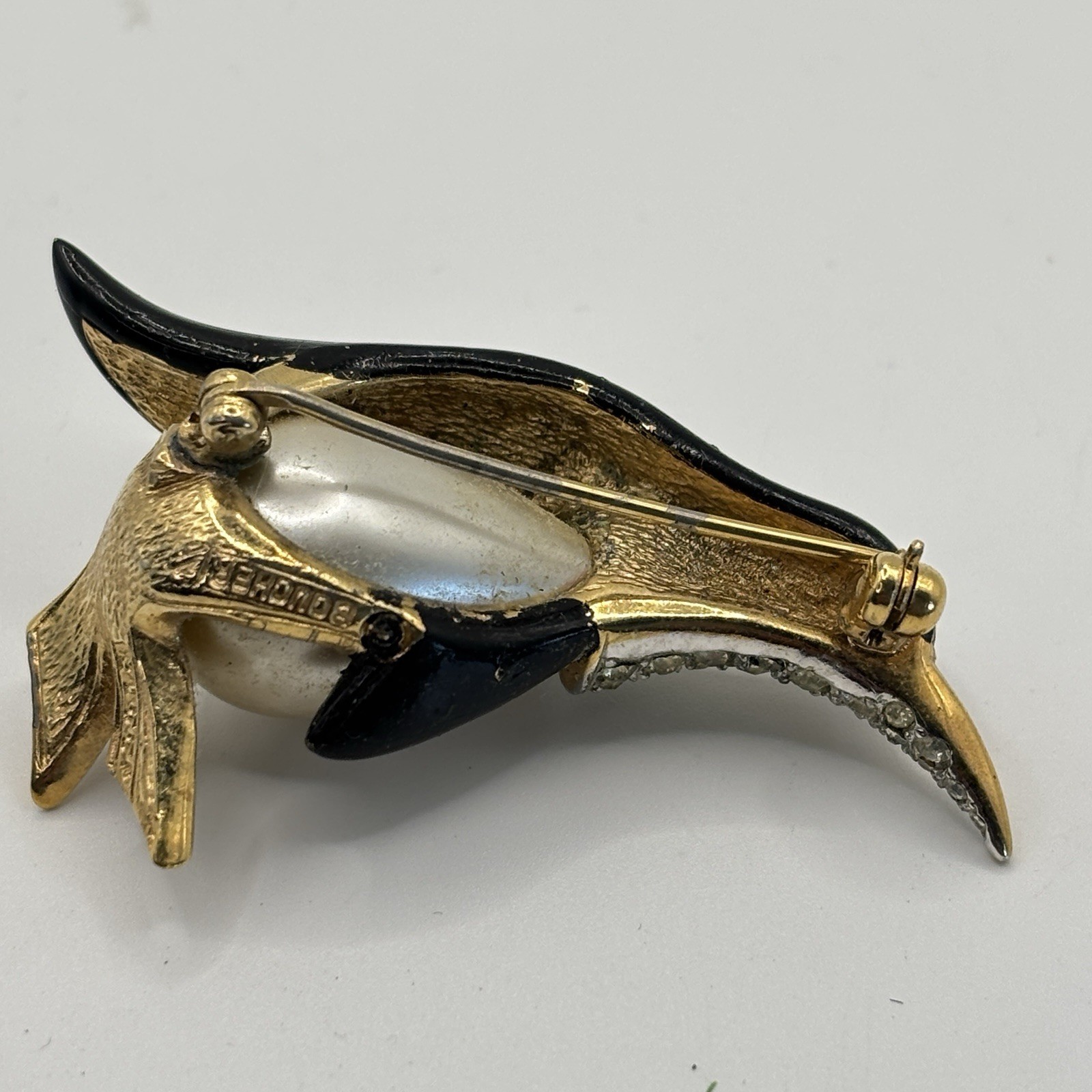 Vtg Marcel Boucher Penguin Brooch Rhinestone Faux Pearl Enamel Figural Pin