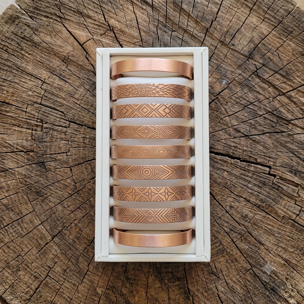 9 Pack Solid Copper Magnetic Bracelet Arthritis Pain Therapy Cuff Set Display
