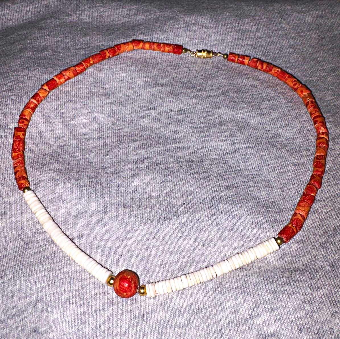 Vintage Orange Sponge Coral & White Heishi Bead Choker Necklace
