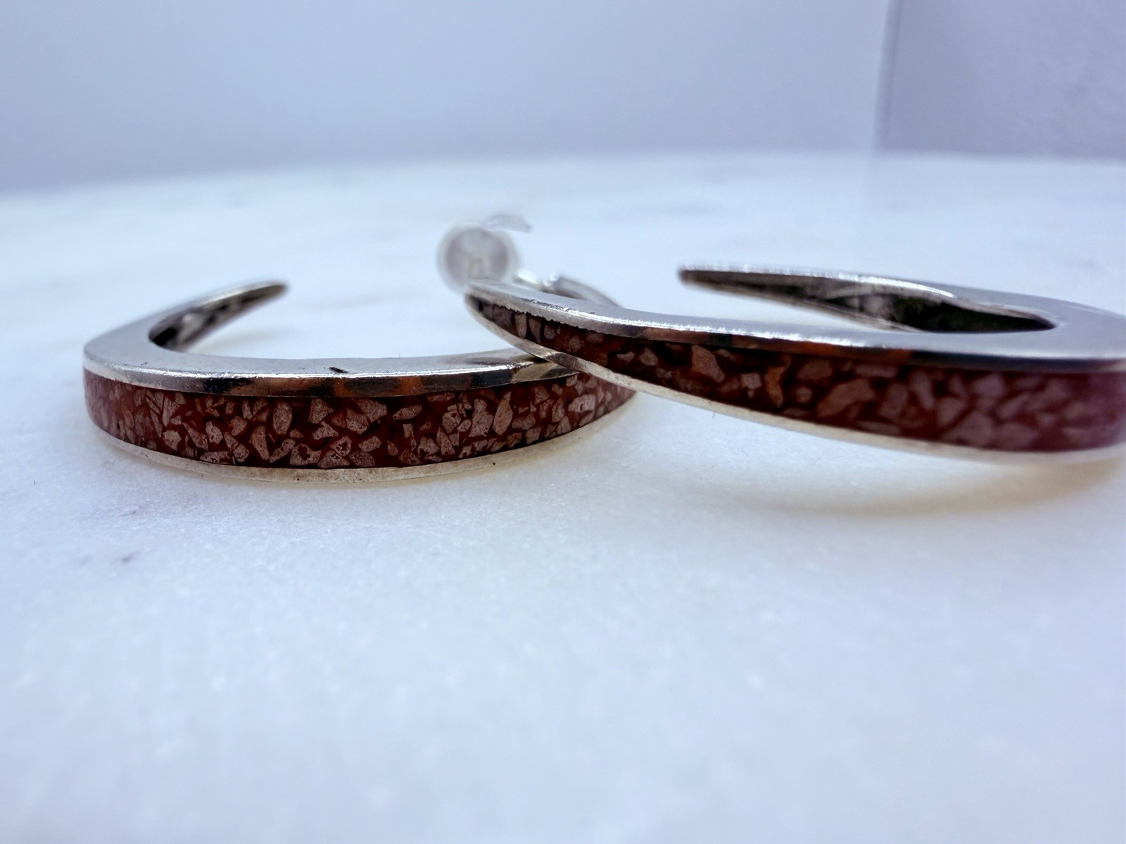 Sterling Silver 925 Hinged Hoop Earrings Inlay Round, 7.89 g