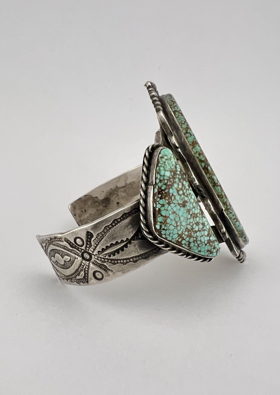 Fred Harvey Navajo Sterling Silver Spiderweb #8 Turquoise Stamped Cuff Bracelet