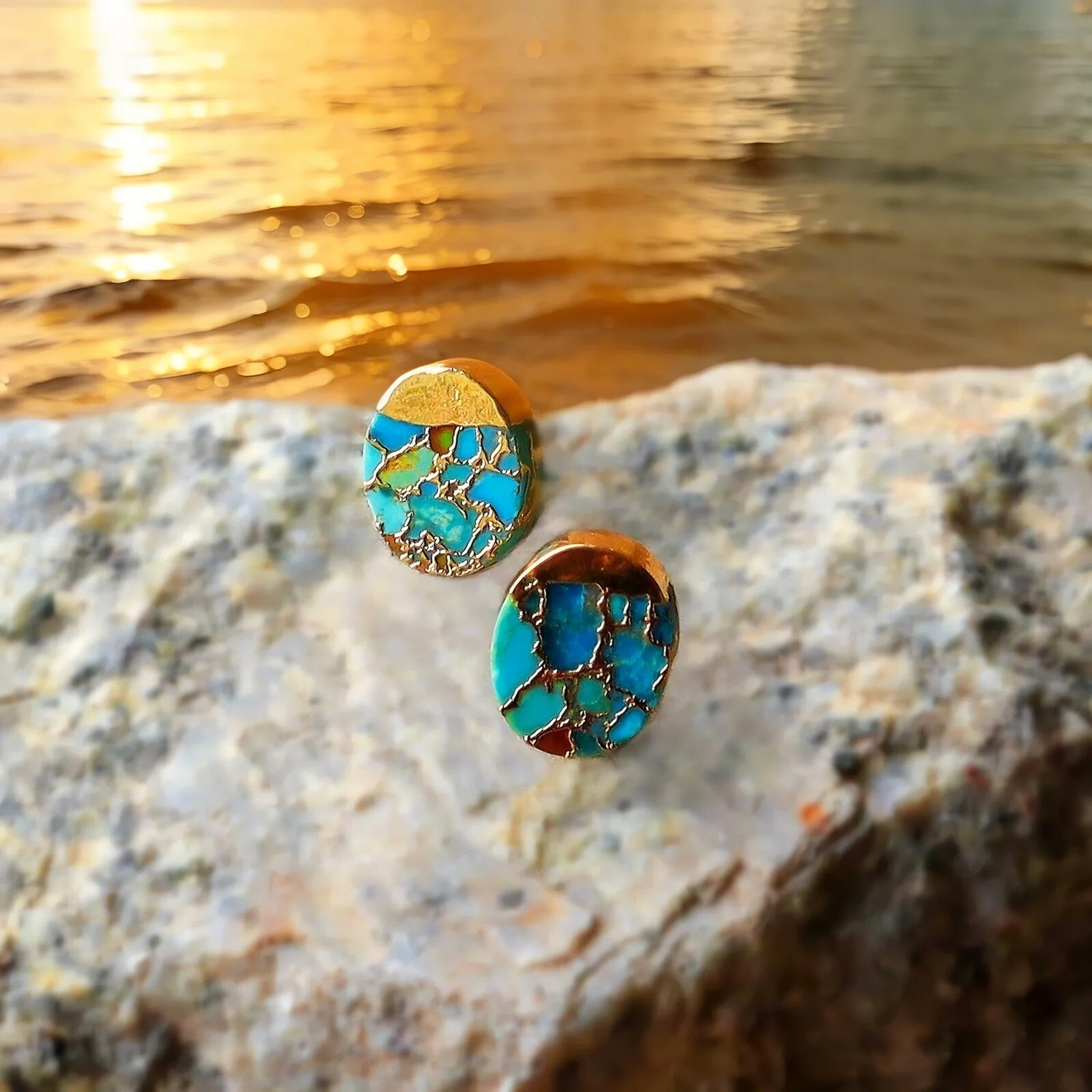 Natural Blue Turquoise Stud Earrings Gold Plated Gemstone Handmade Earrings Gift