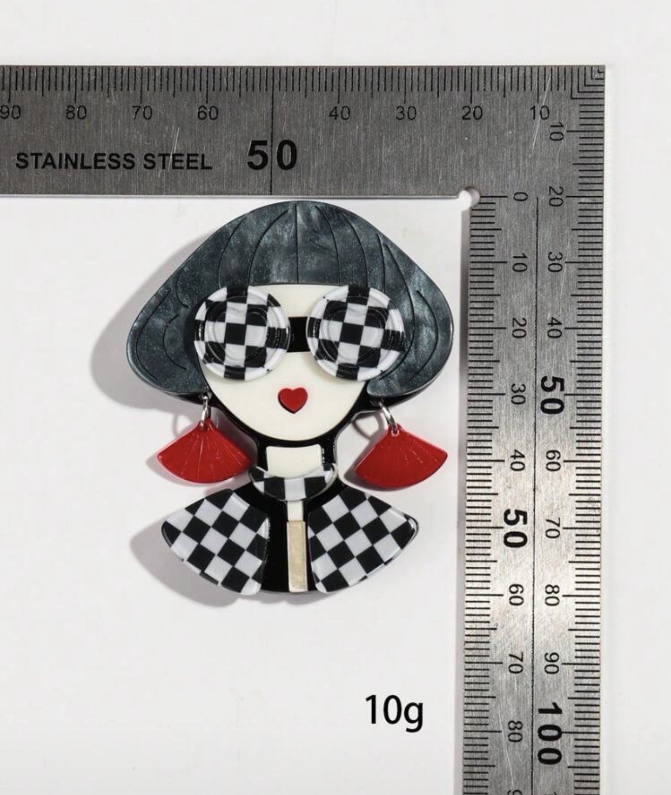 Resin Lady Brooch Black White Checkered Red Dangle Earrings Pin Vintage Style