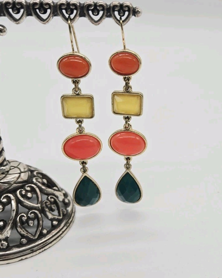 Liz Claiborne Geometric enamel Dangle Earrings 80s Retro Green Orange Yellow 3 “