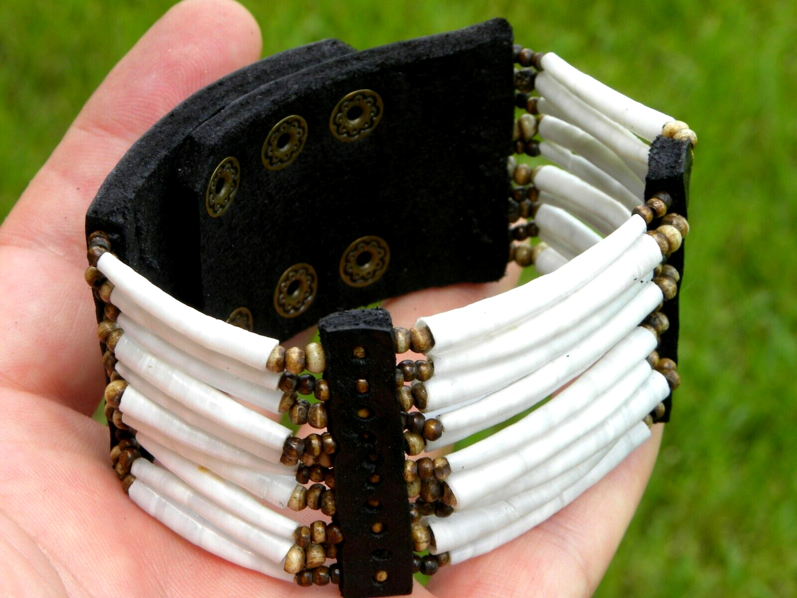 Cuff bracelet good luck dentalium shells Bison leather bone cool Shaman style