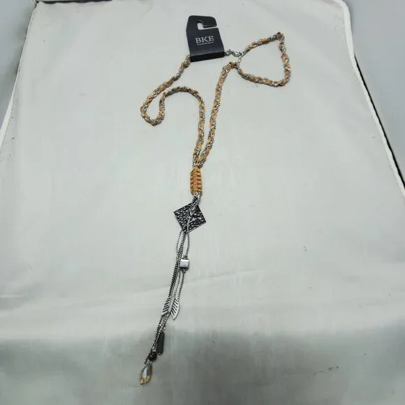 BKE tan leather with silver chain braided neck with hanging charms 27 inch NWT