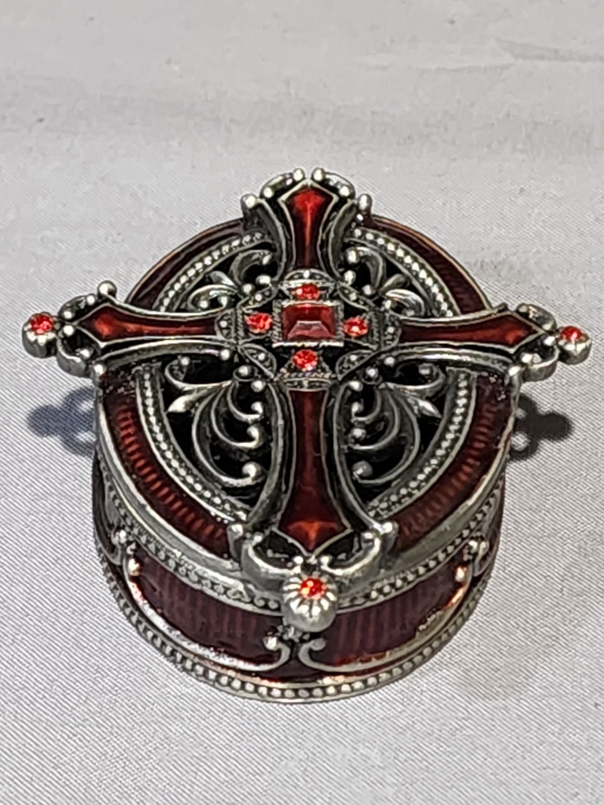 SMALL HINGED CROSS METAL AND ENAMEL TRINKET BOX RED RHINESTONES