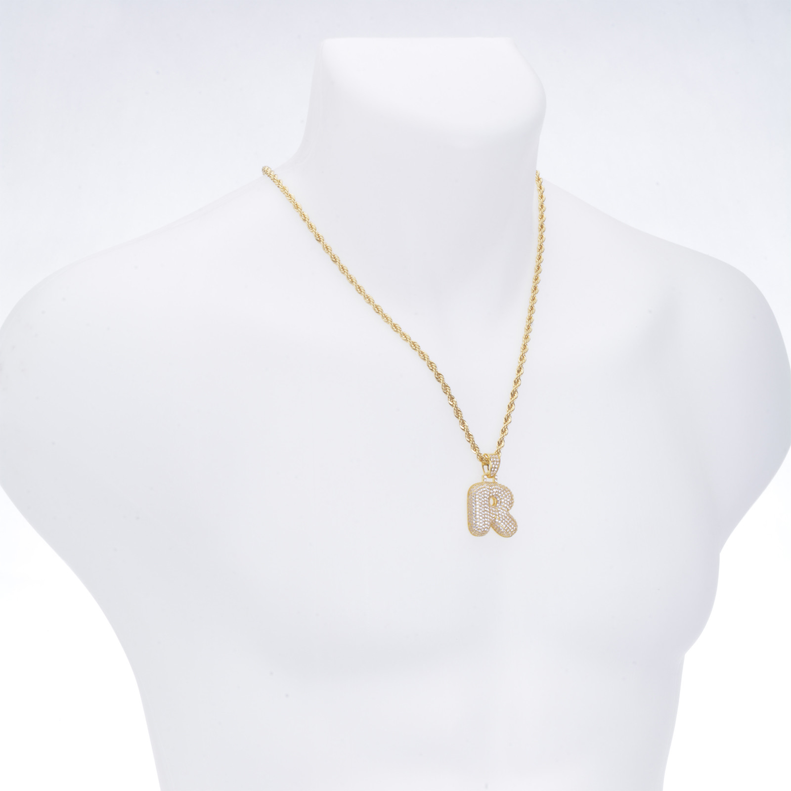 R Initial Custom Bubble Letter Gold Plated Iced CZ Pendant 24″ Chain Necklace