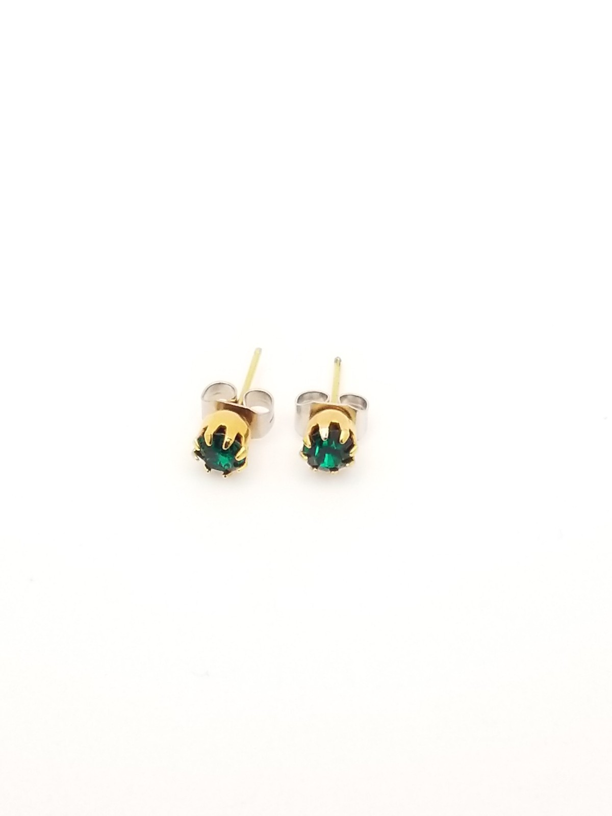 Vintage Gold Tone Stud/ Post Earrings Faux Emerald Dark Green Glass Jewel 4mm