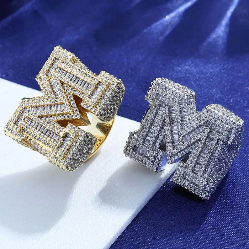 5TCW Baguette Lab Created Diamond Men’s Custom Alphabet Ring 925 Sterling Silver
