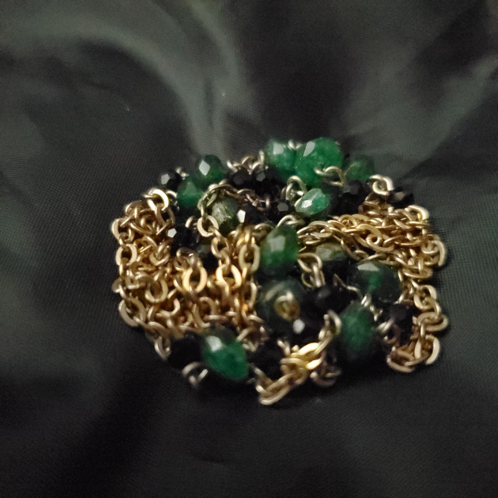 Vtg 48″! Jade & Black Crystal Necklace Gold Tone X-Long Versatile Classic Luxury