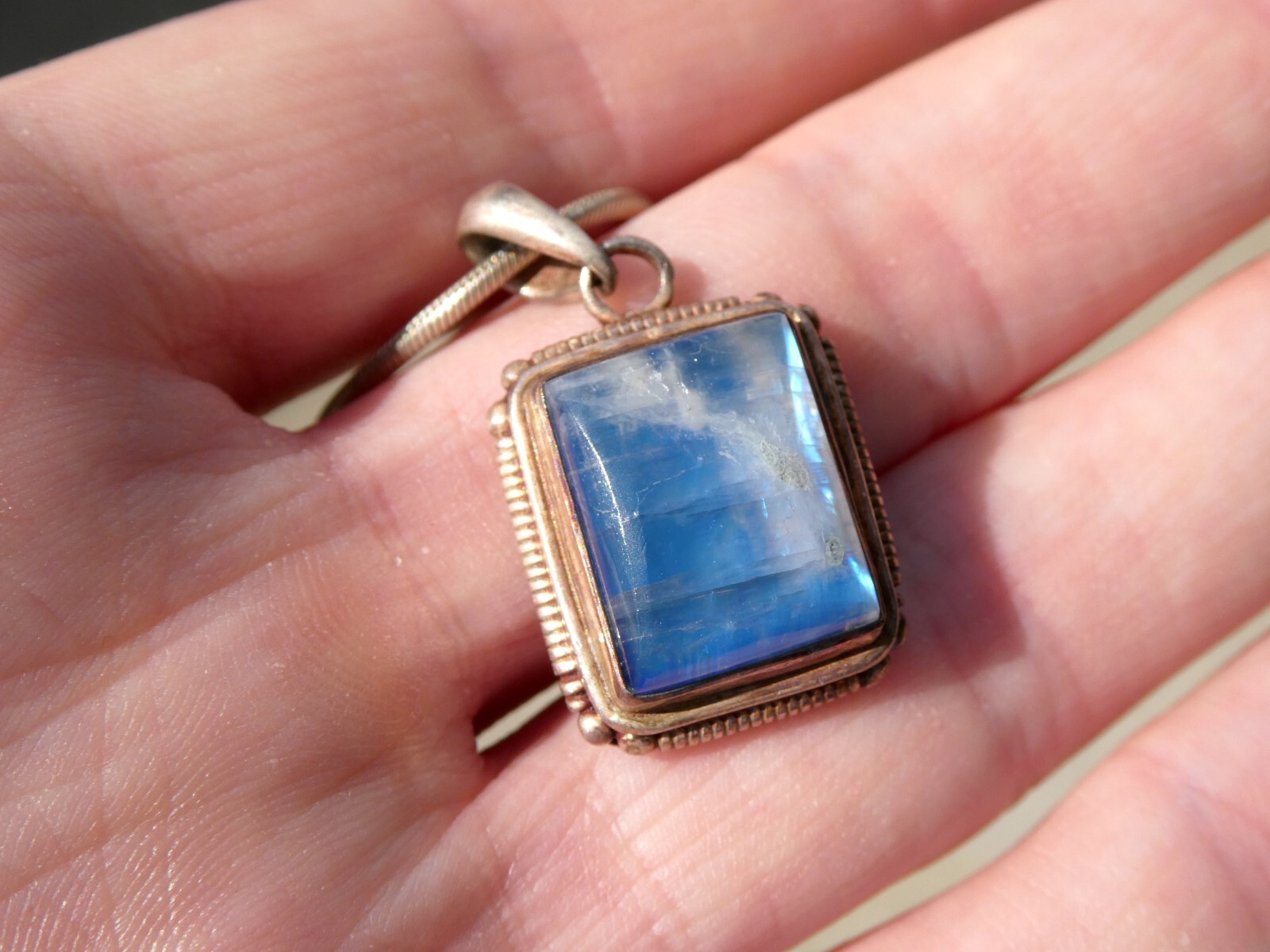 Vintage Sterling Silver Blue Moonstone Rectangular Cabochon Pendant Necklace 925