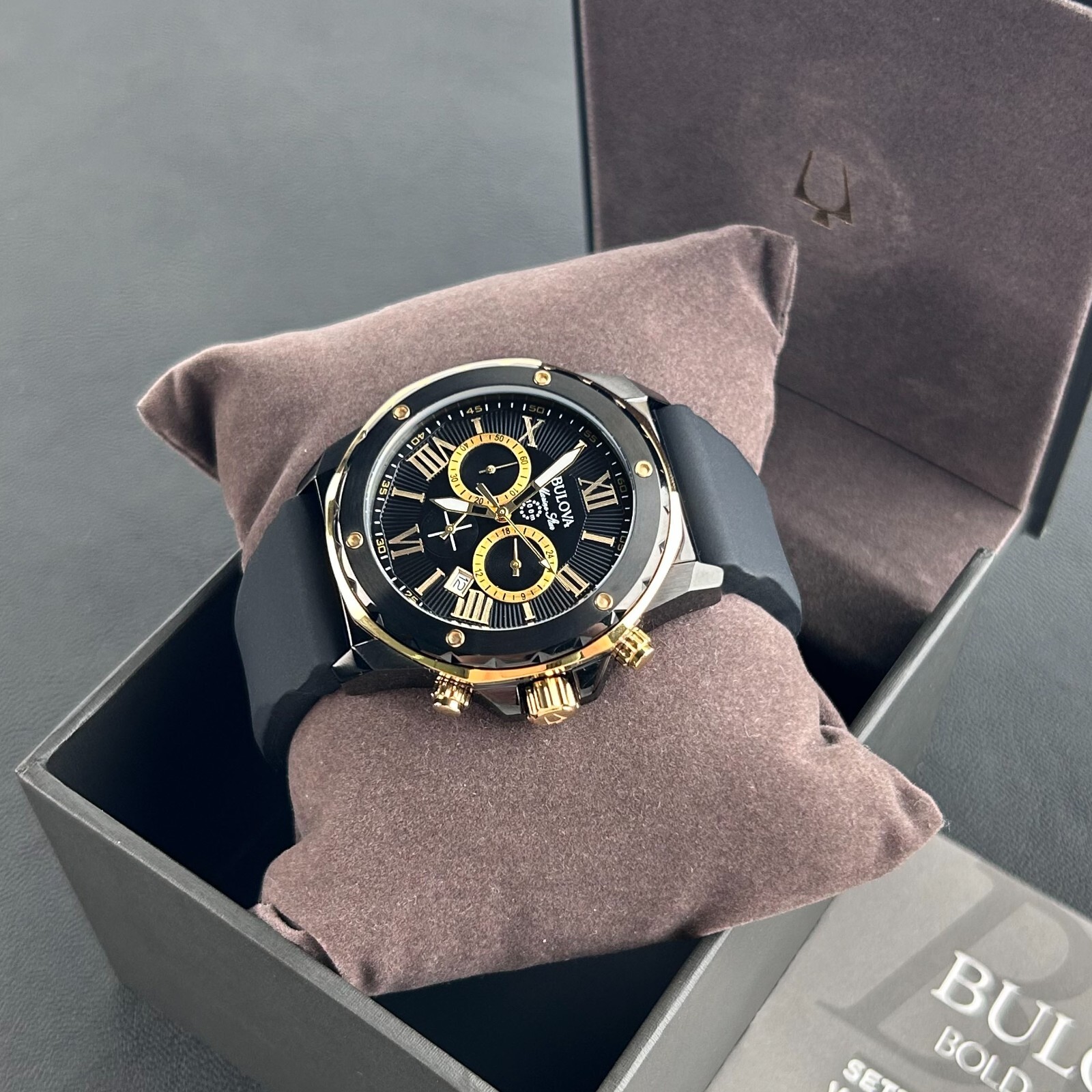 Bulova Marine Star Men’s Black Dial Black Rubber Strap 44mm Quartz Watch 98B278