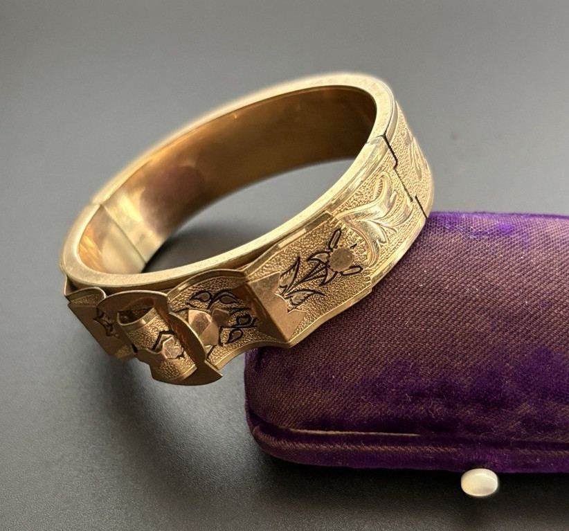 Antique Gold Filled Vic Etruscan Taille D’Epargne Black Enamel Bangle