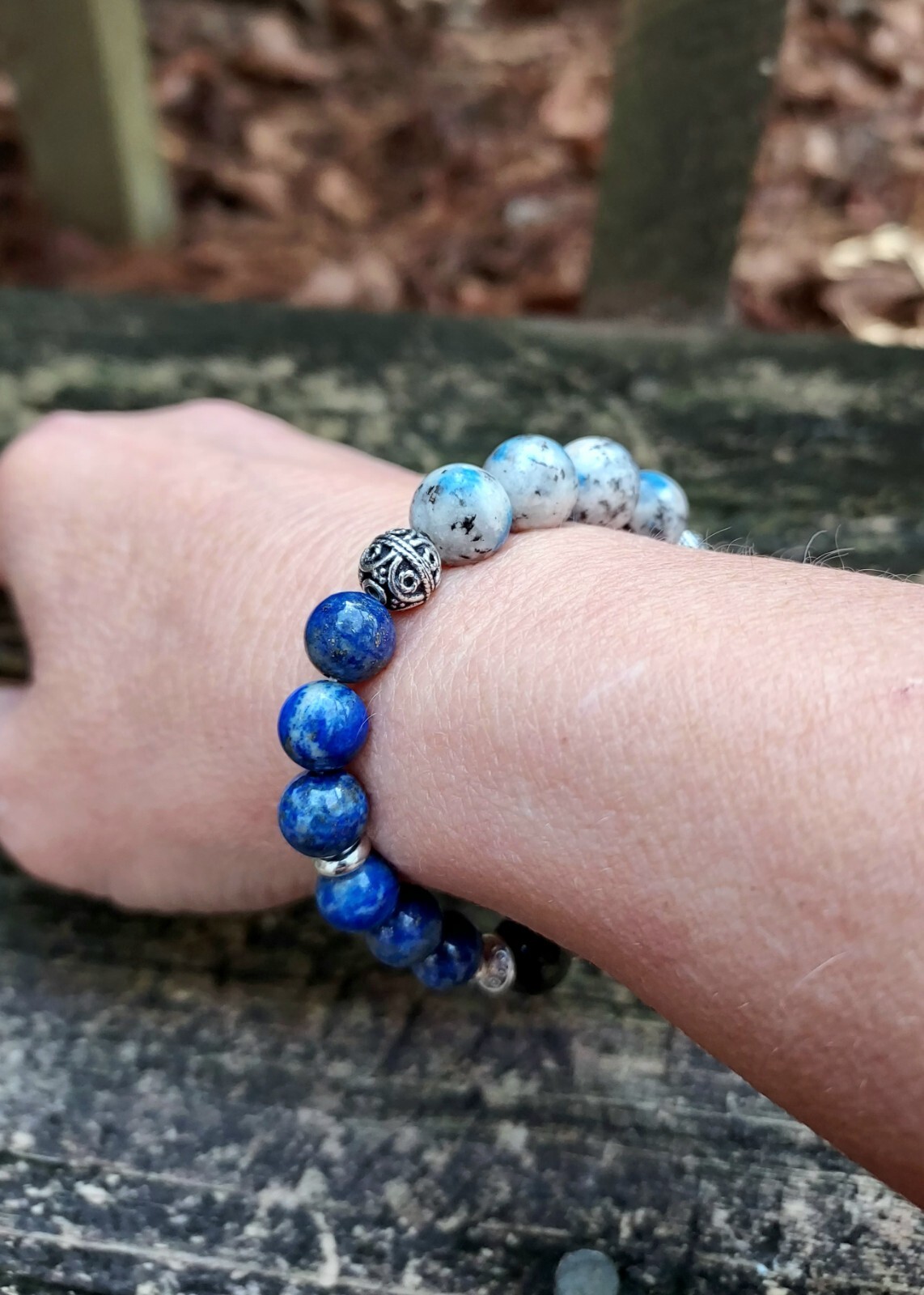 Blue Lapis and K2 Stone Bracelet Unique Meditation Jewelry Stretchy Gems 6.25″