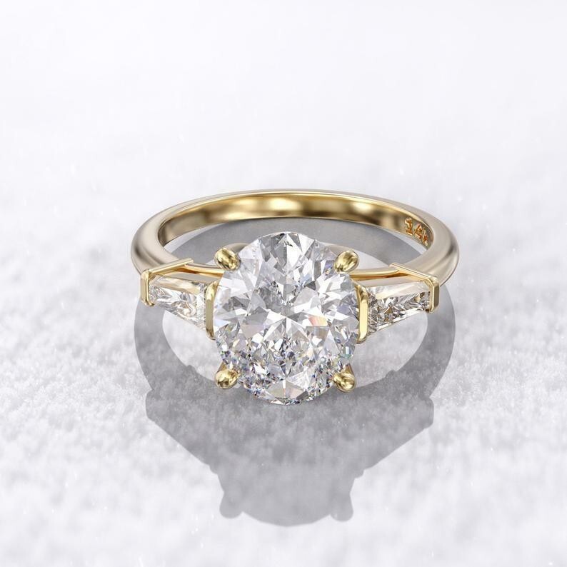 2Ct Oval Cut Diamond 3 Stone Simulated Engagement Ring 14K Yellow Gold Finish