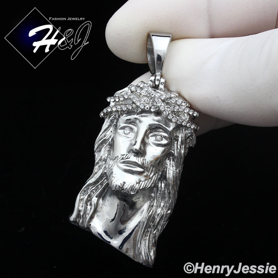 18″-40″MEN Stainless Steel 5mm Silver Cuban Curb Chain CZ Jesus Face Pendant*133