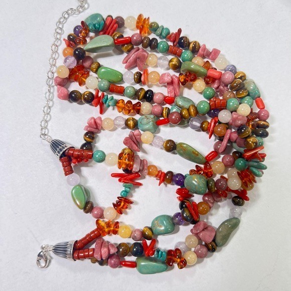 Vintage Sterling Semi Precious Gem Necklace 3 Strand Polished Natural Beads