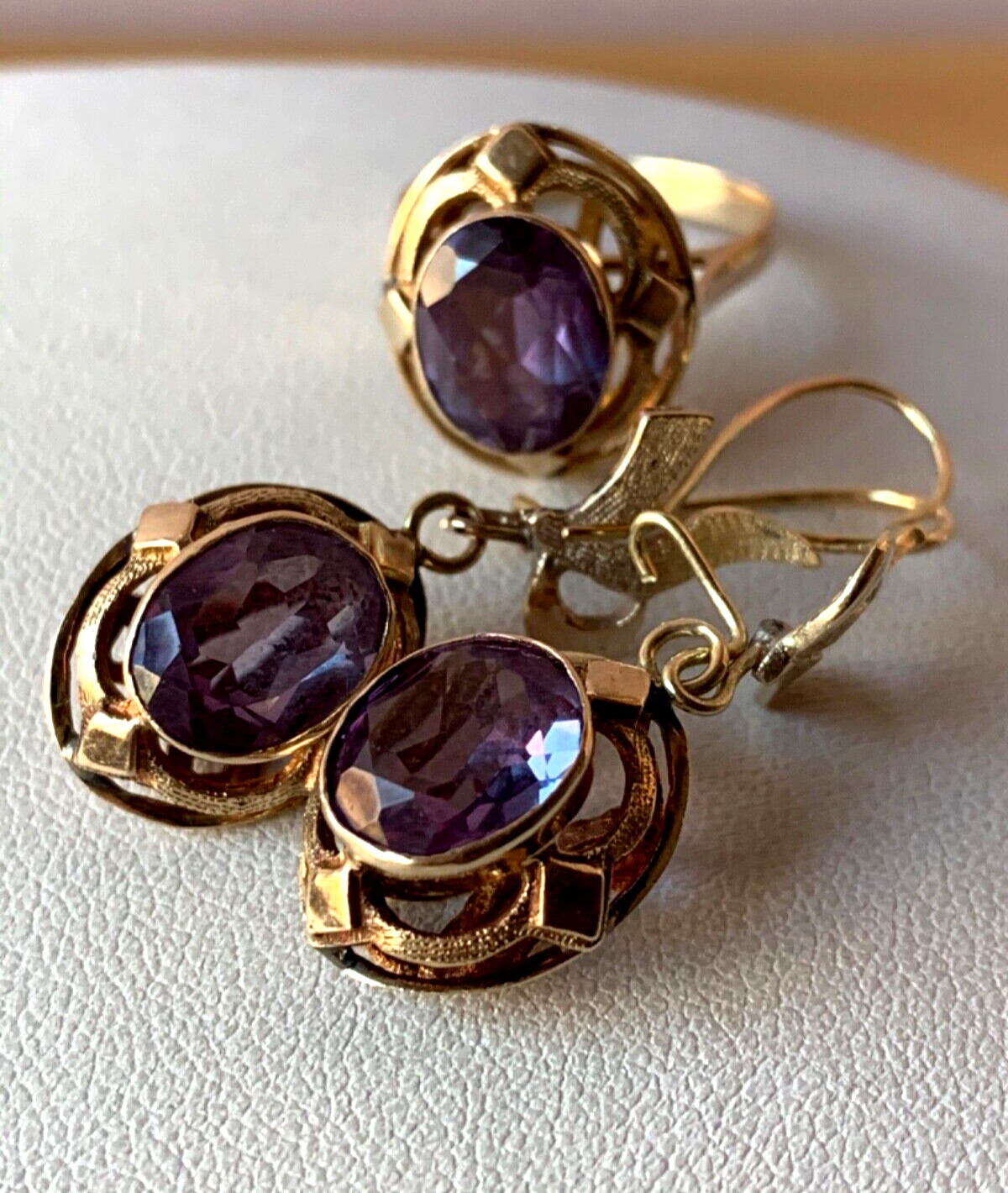 VINTAGE 14K RING & EARRINGS COLOR CHANGE PURPLE SAPPHIRE SET OF 2 CUSTOM MADE